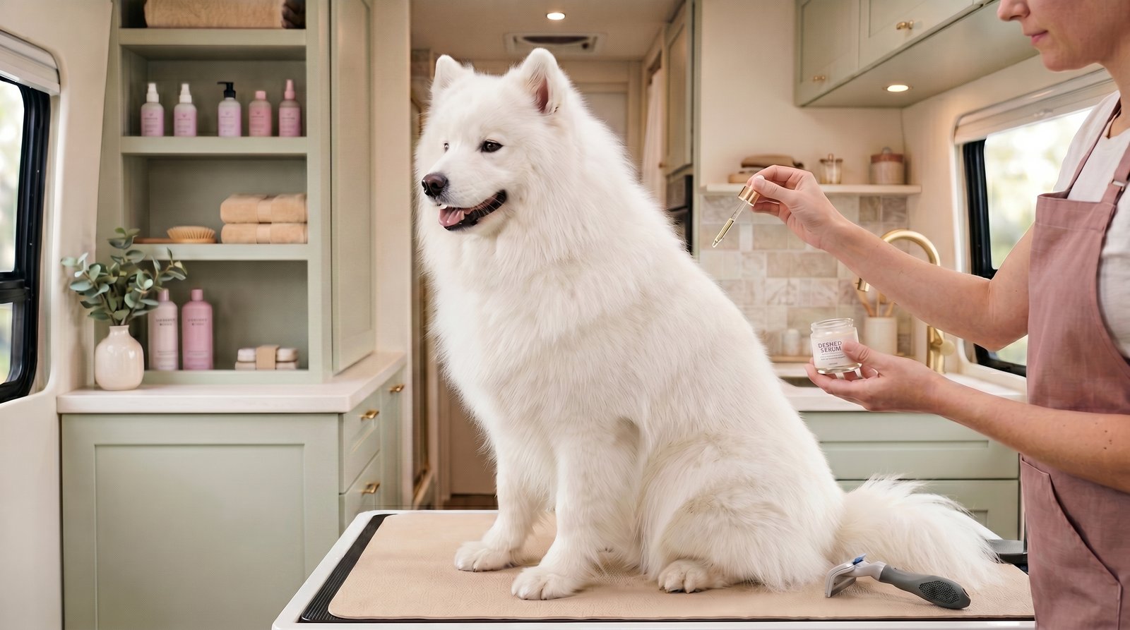 A fluffy double coat dog after a professional shedding control treatment